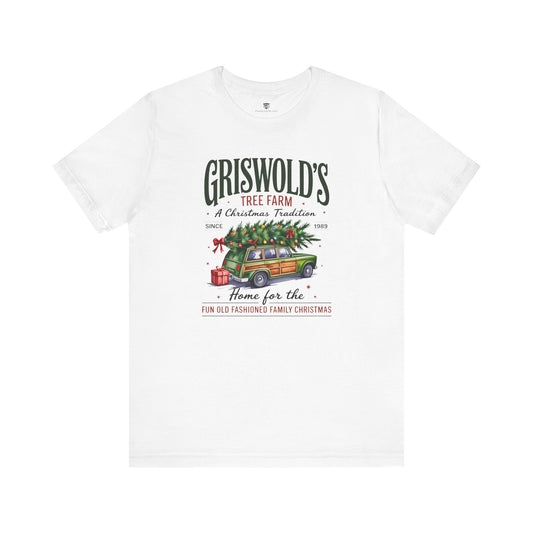White t-shirt with 'Griswold's Tree Farm' graphic and text on a white background