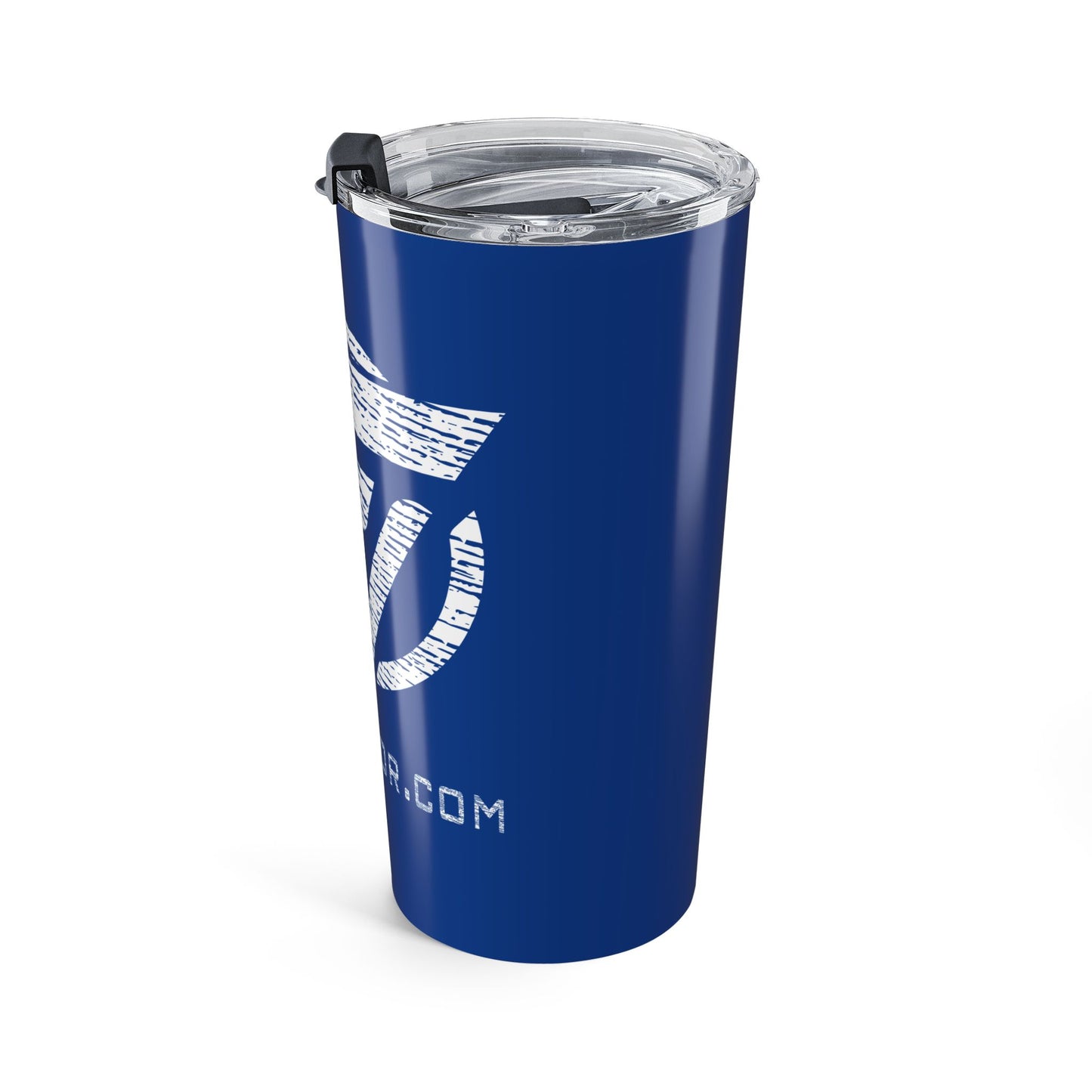 Blue tumbler with a white logo and text on a white background