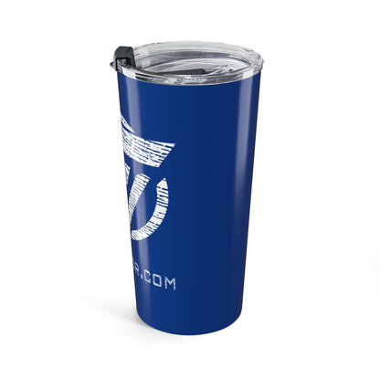 Blue tumbler with a white logo and text on a white background