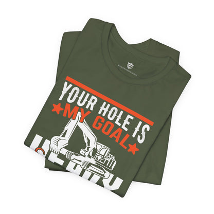 Green t-shirt with humorous graphic and text on a white background