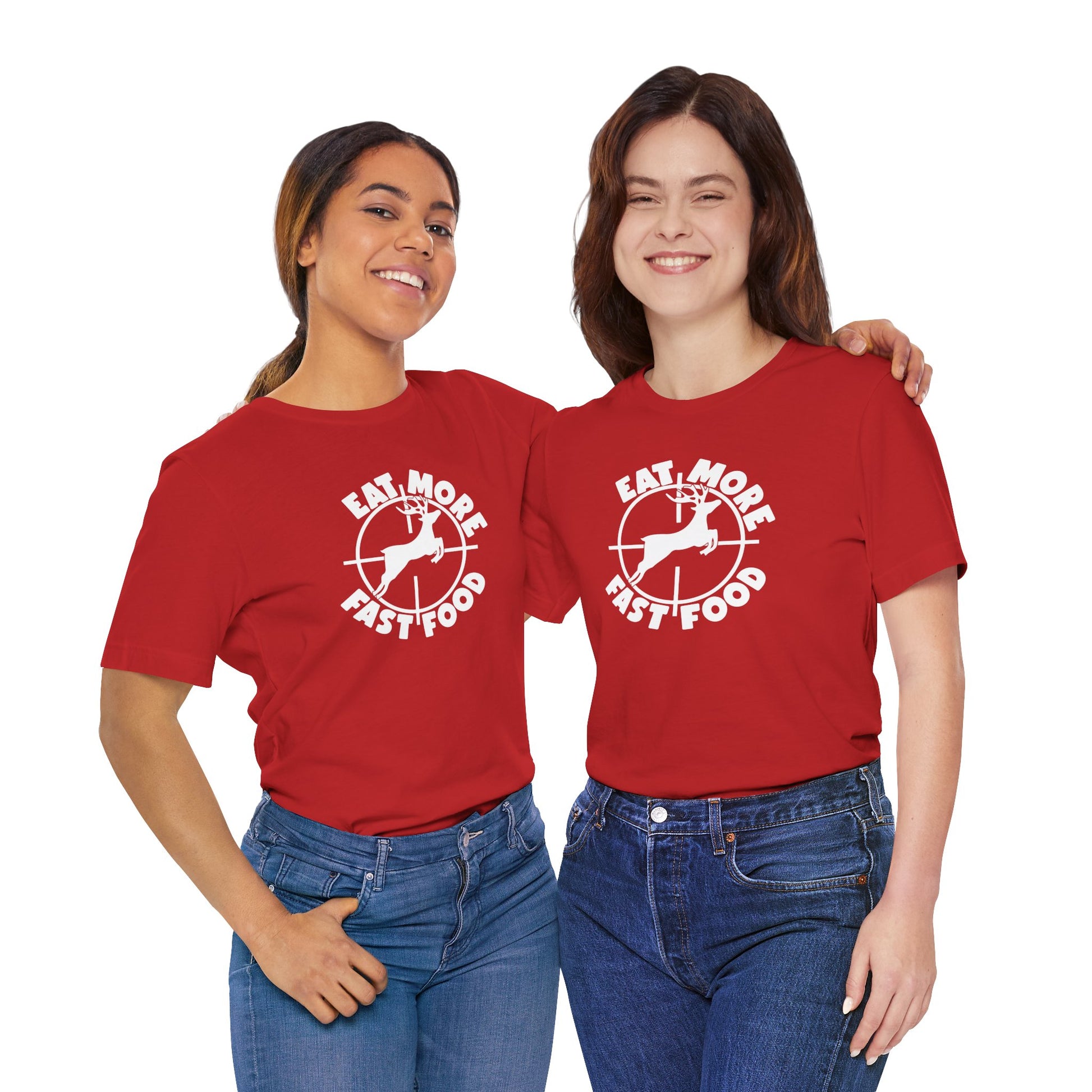 Two people wearing red t-shirts with a graphic design and text on a white background