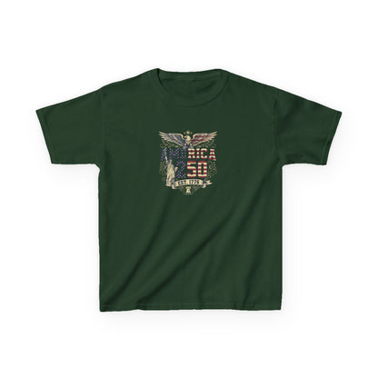 Green t-shirt with a graphic design on a white background