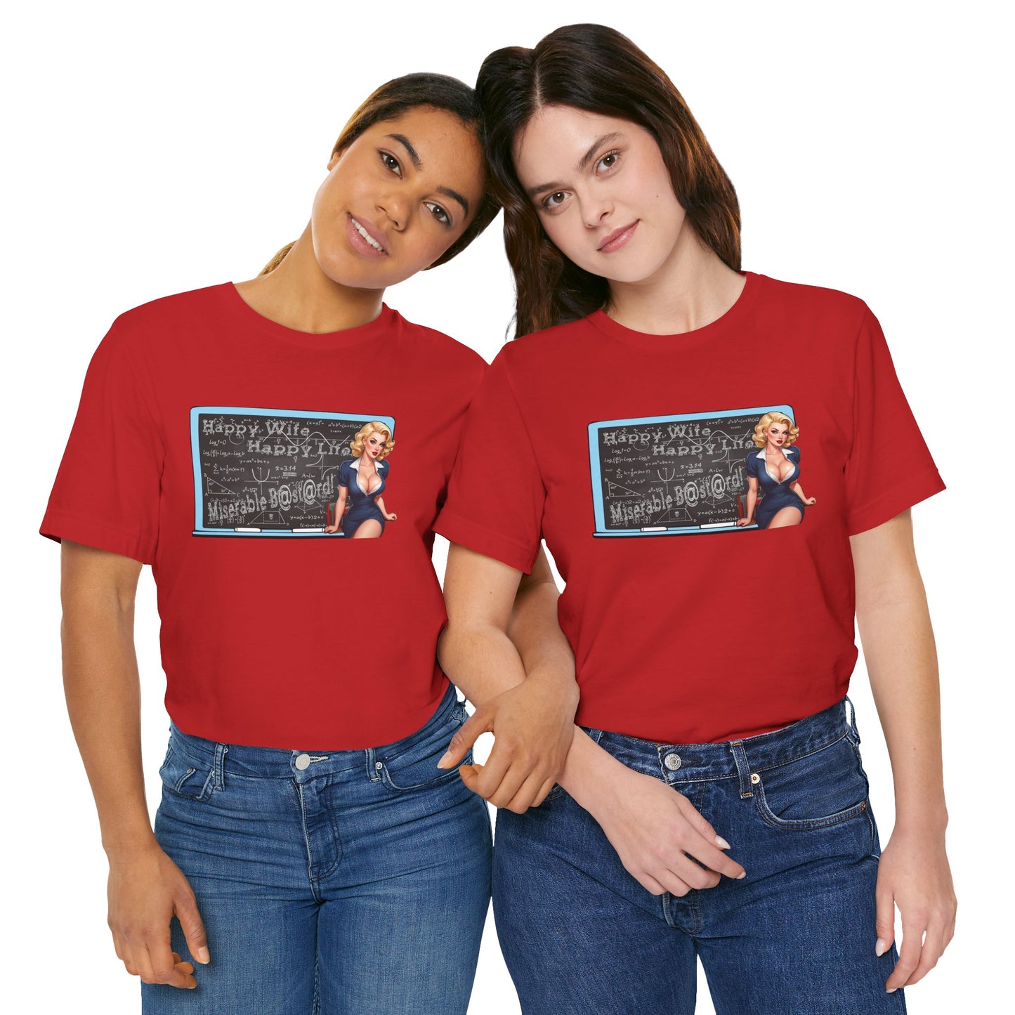 Two people wearing red t-shirts with a graphic design on a white background