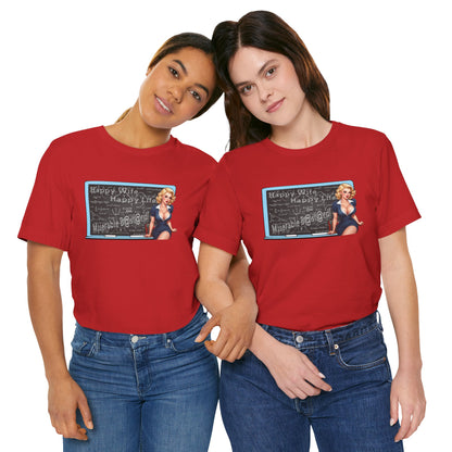 Two people wearing red t-shirts with a graphic design on a white background