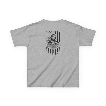 Gray t-shirt with a black graphic design on the back against a white background