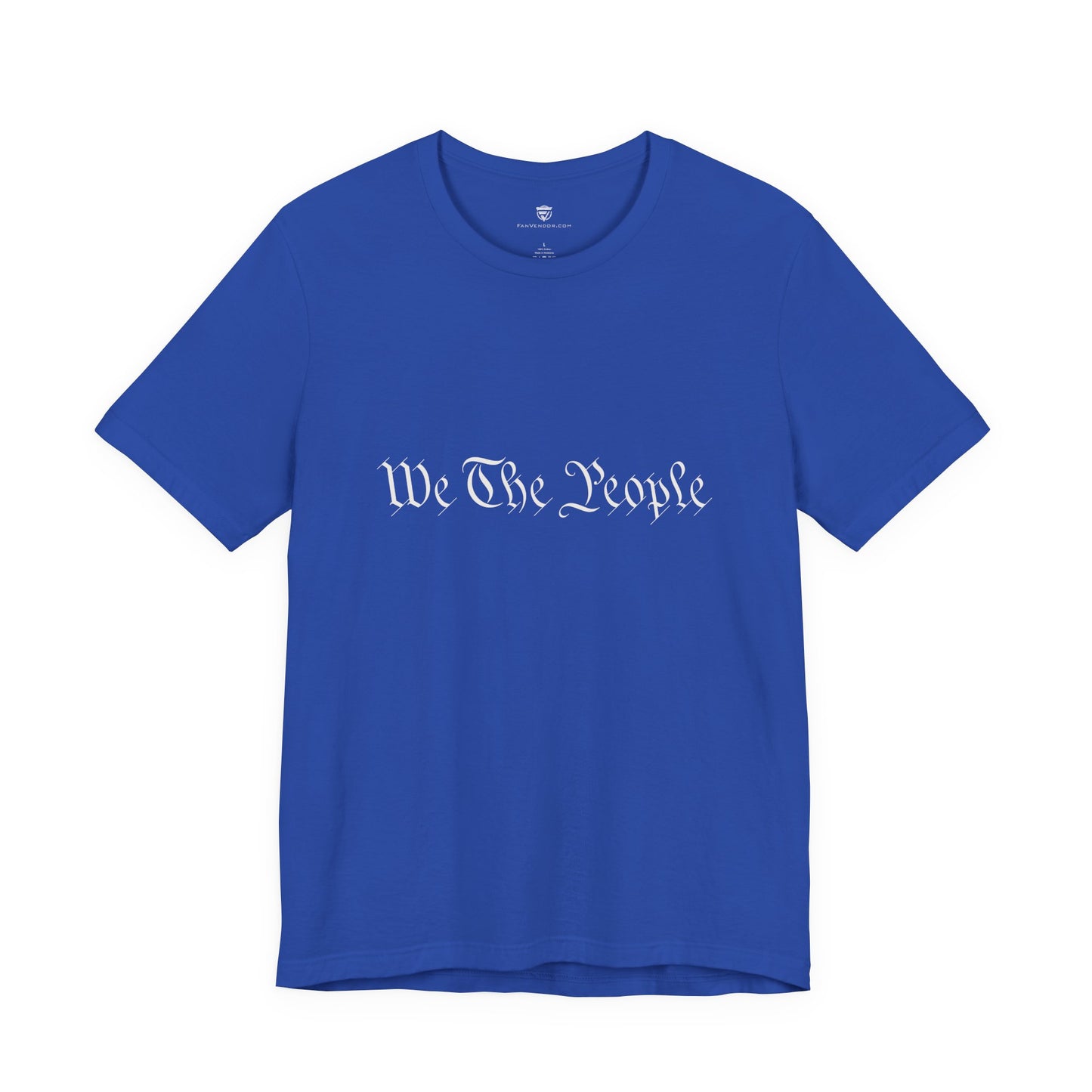 Blue t-shirt with 'We The People' text on a white background
