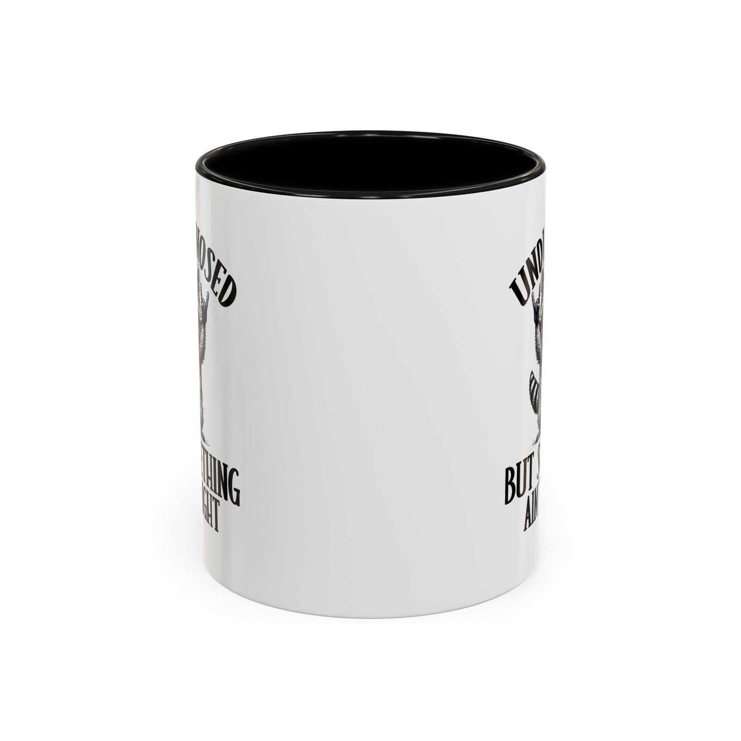 White mug with black interior and text design on a white background