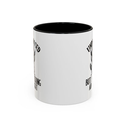 White mug with black interior and text design on a white background