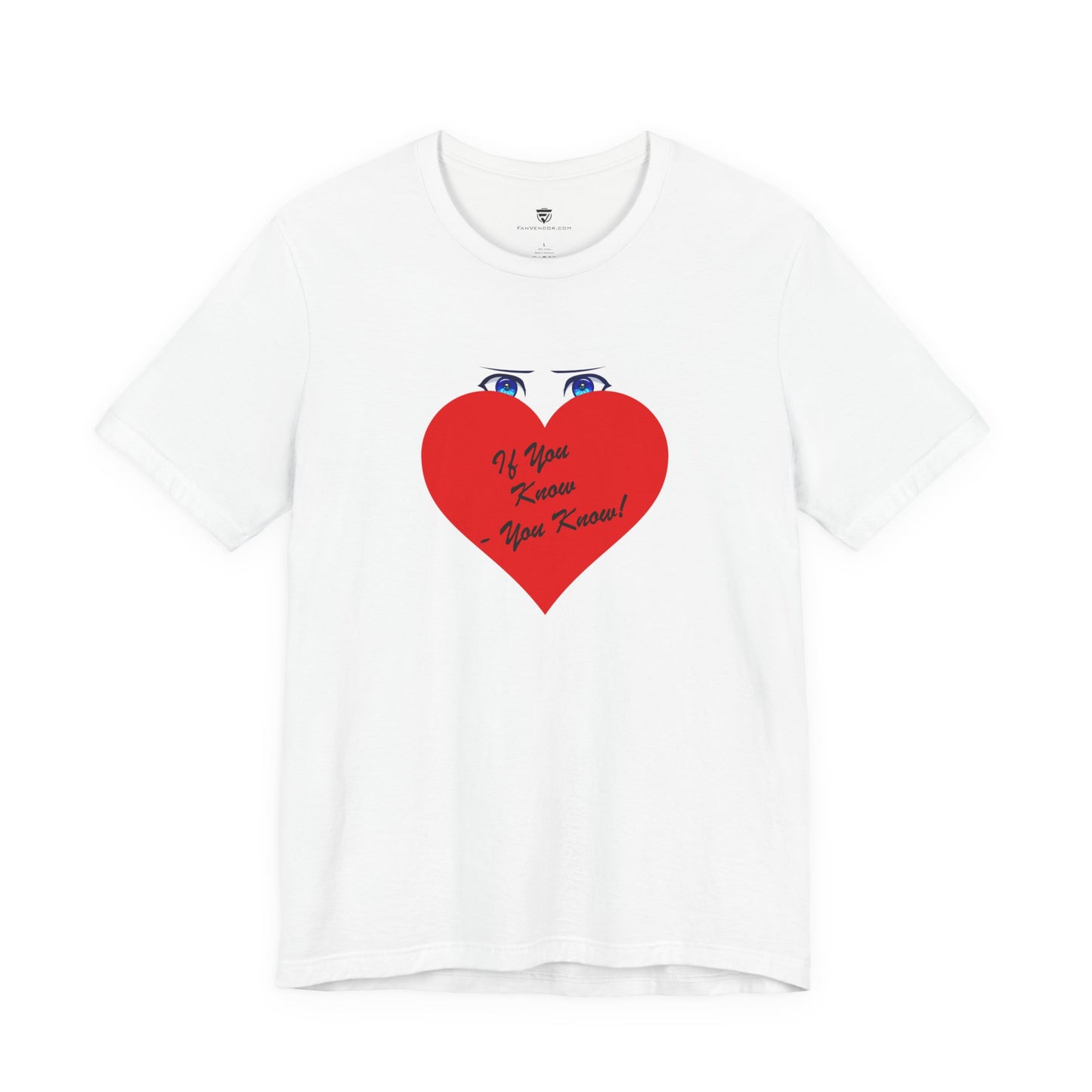 White t-shirt with a red heart graphic and text on a white background
