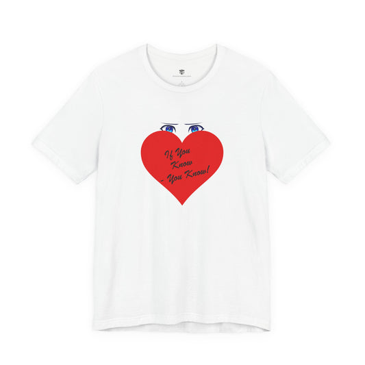 White t-shirt with a red heart graphic and text on a white background