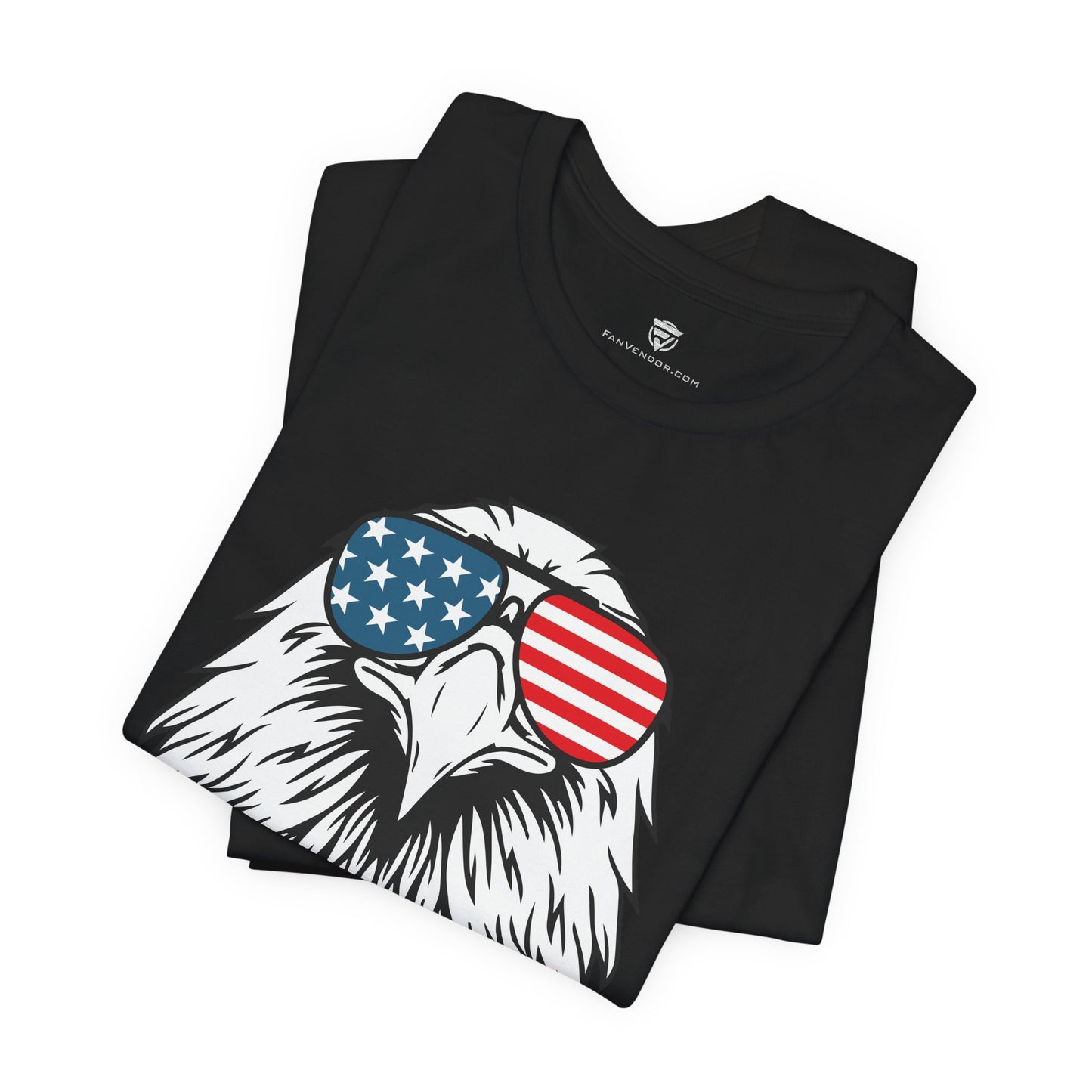 Black t-shirt with an eagle wearing American flag sunglasses design on a white background