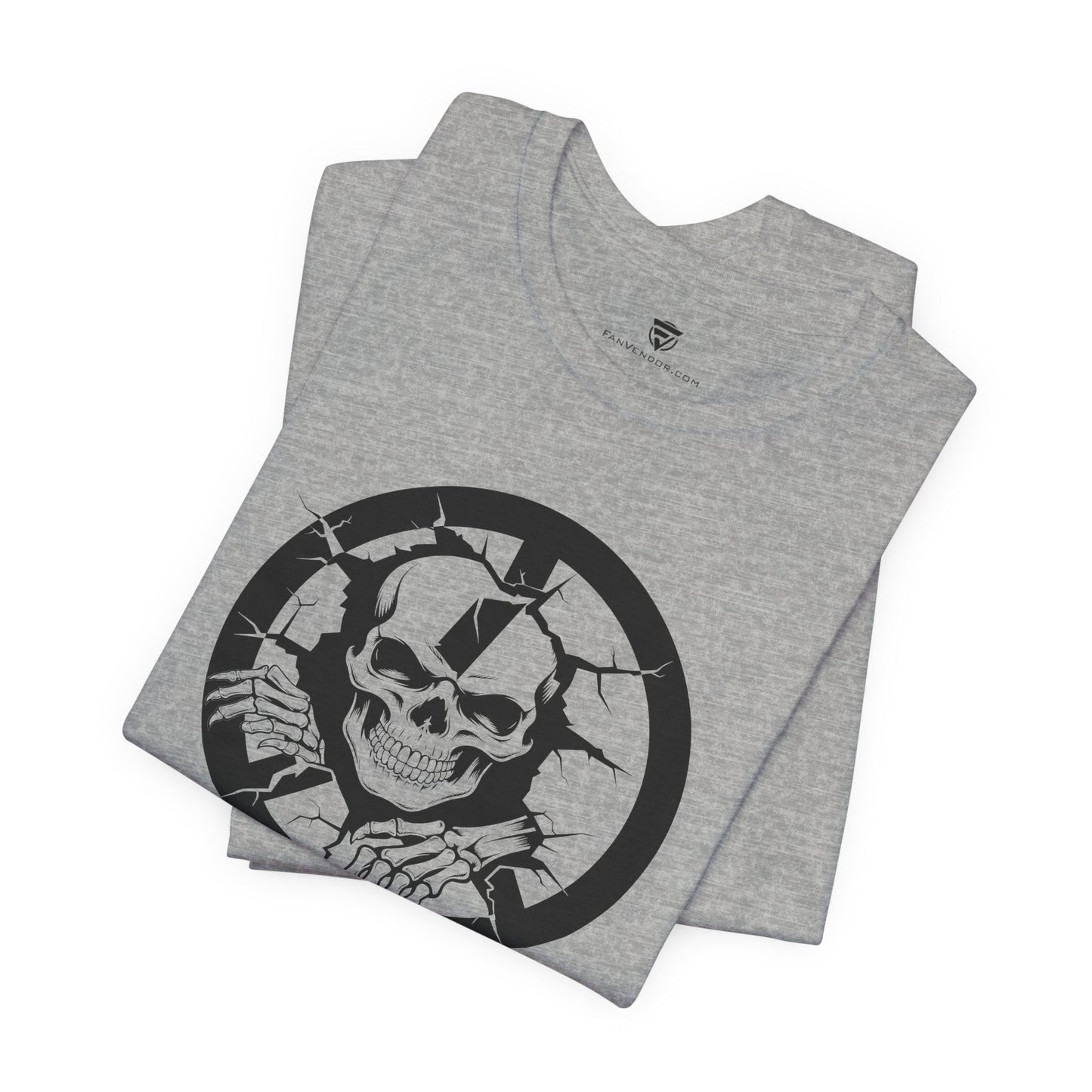 Gray t-shirt with a black skull design on a white background