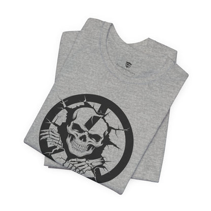 Gray t-shirt with a black skull design on a white background