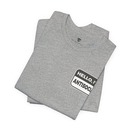 Gray t-shirt with 'HELLO, I'M ANTISOCIAL' text on a white background
