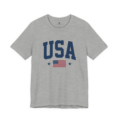 Gray t-shirt with 'USA' and American flag design on a white background