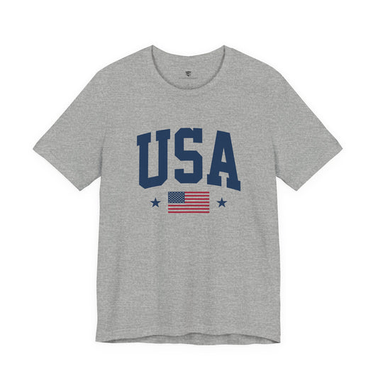 Gray t-shirt with 'USA' and American flag design on a white background