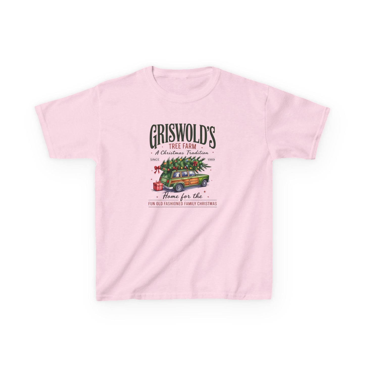Pink t-shirt with Christmas-themed graphic and text on a white background