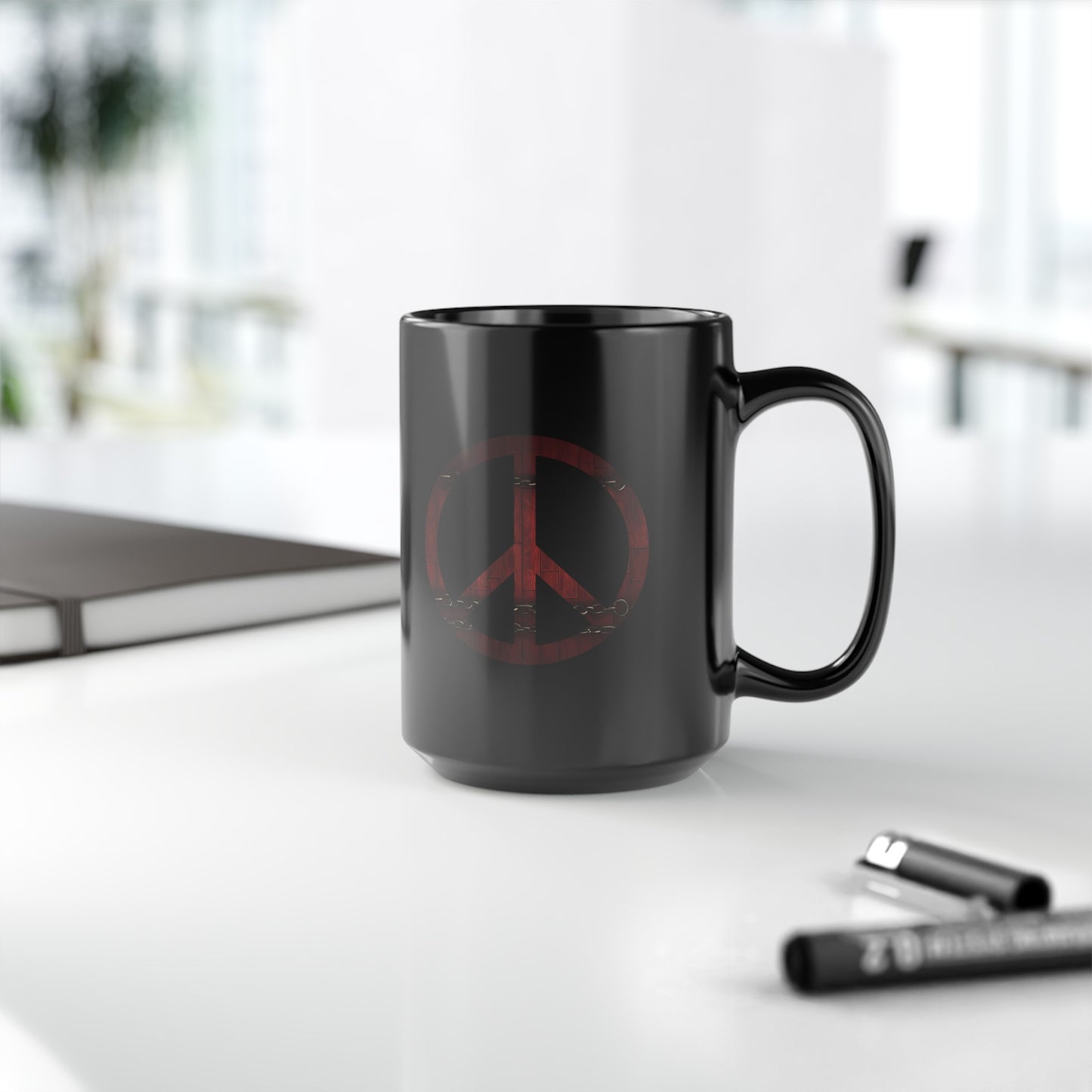 15oz Black Coffee Mug - Chest Wood Peace Sign