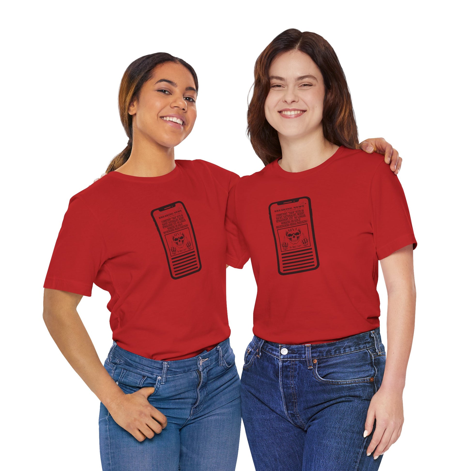 Two people wearing red t-shirts with a graphic design on a white background