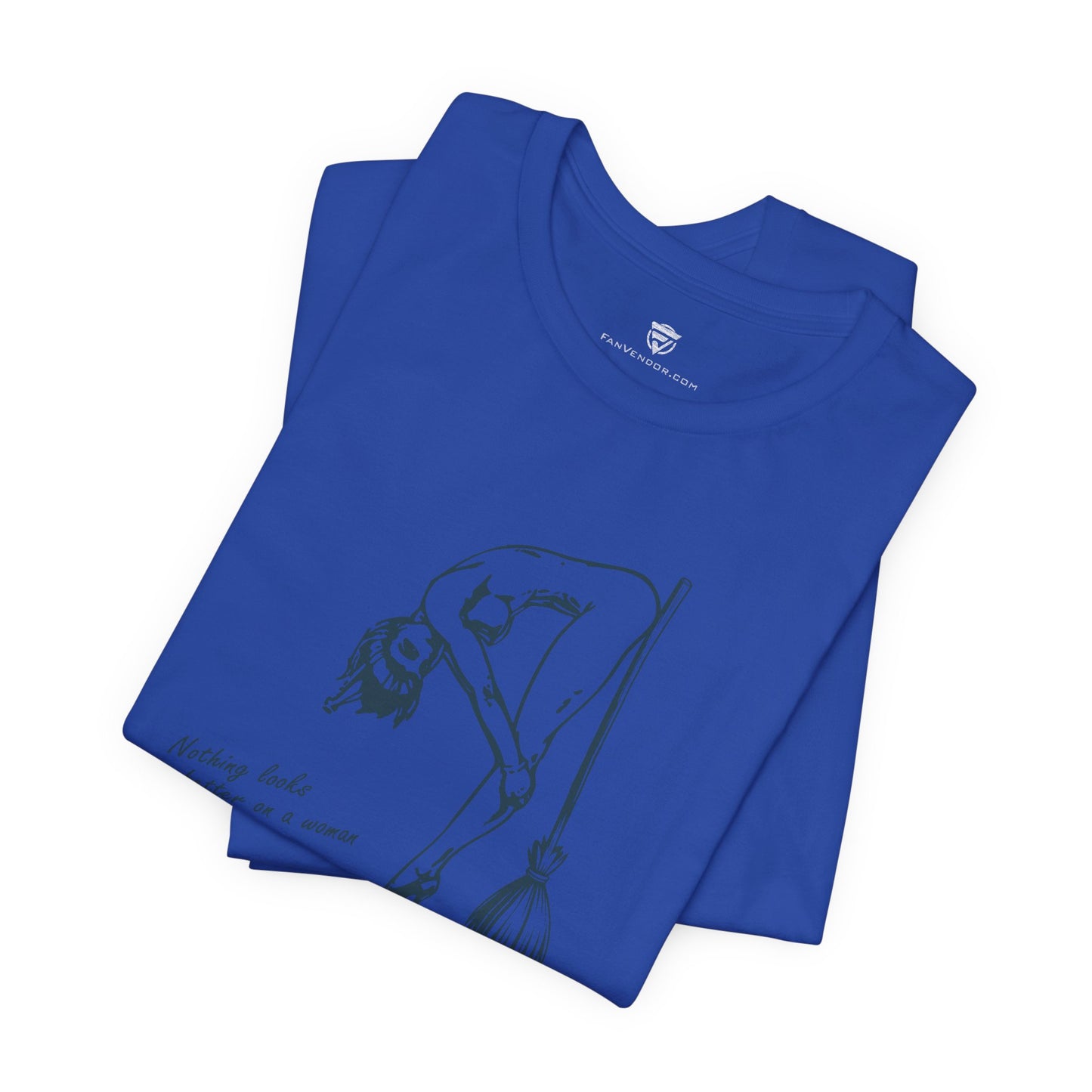 Folded blue t-shirt with a graphic design on a white background