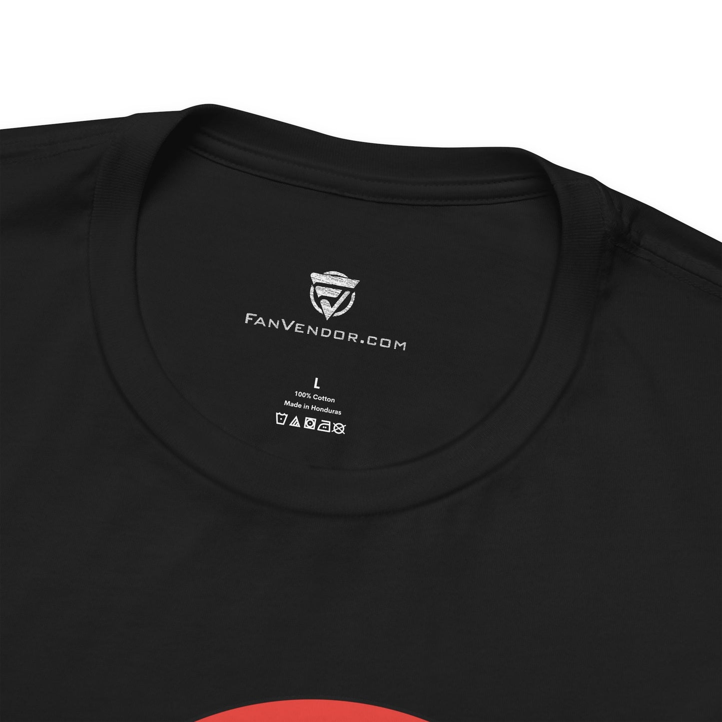 Black t-shirt with 'Fanvendor.com' logo and text on the collar