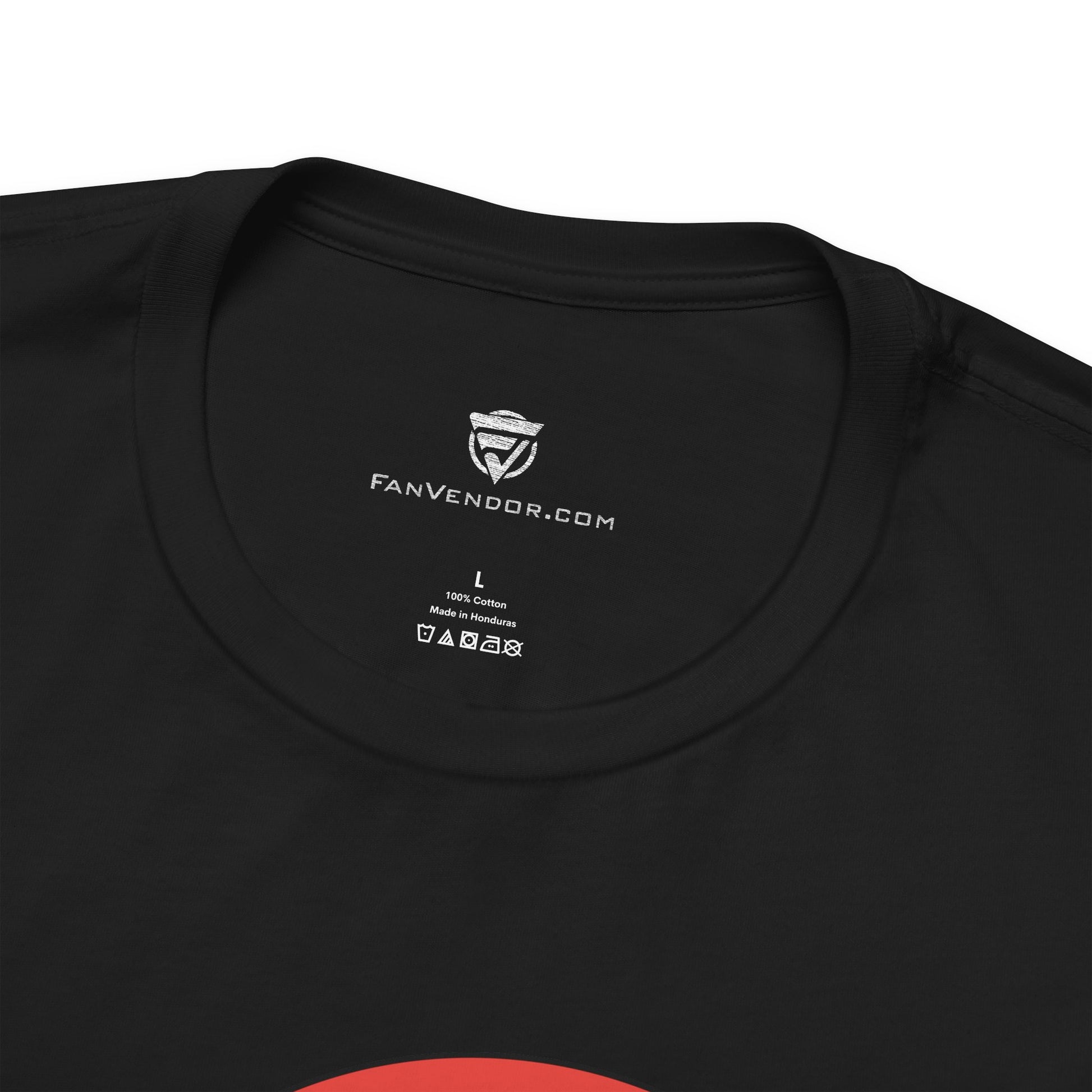 Black t-shirt with 'Fanvendor.com' logo and text on the collar