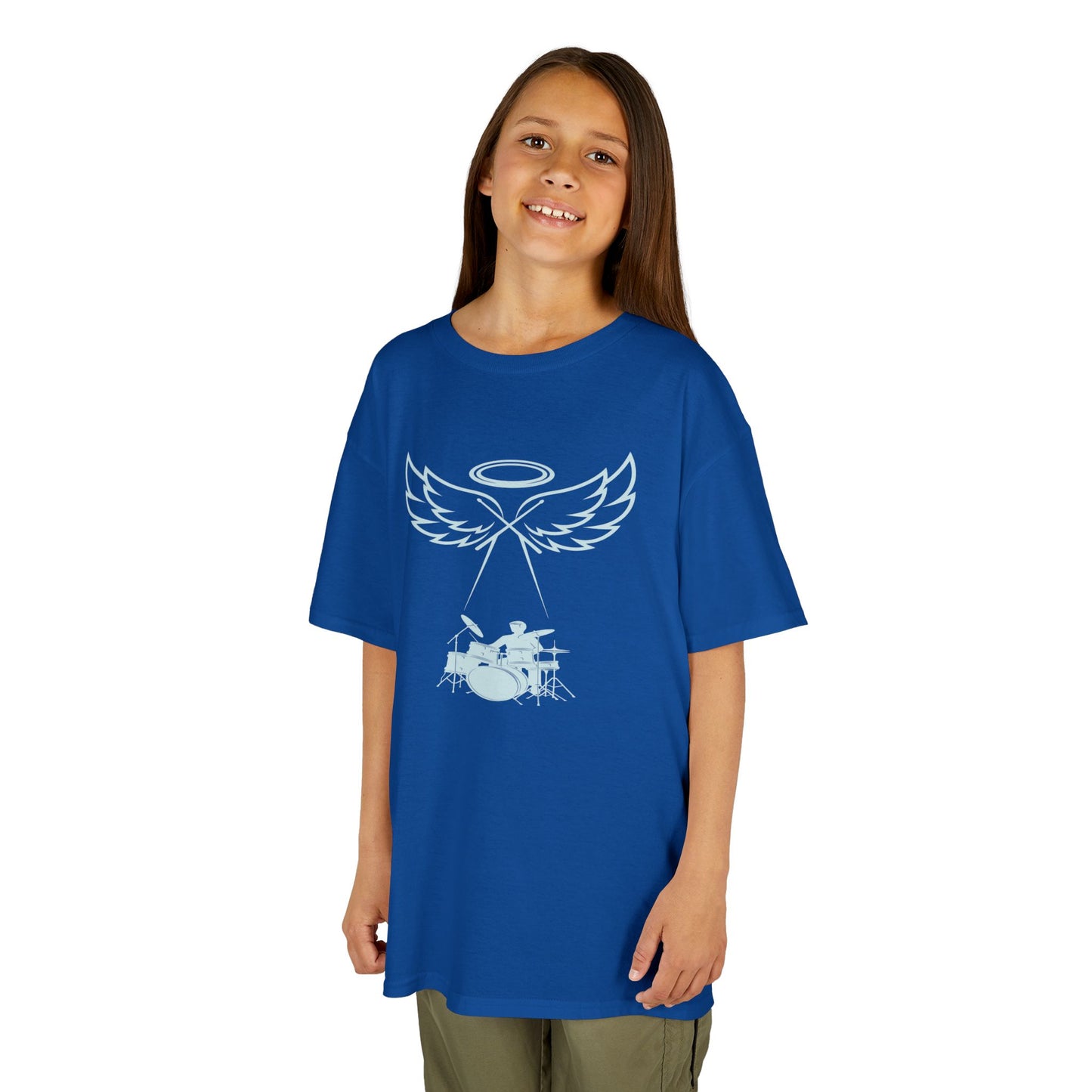 Child wearing a blue t-shirt with a graphic design on a white background