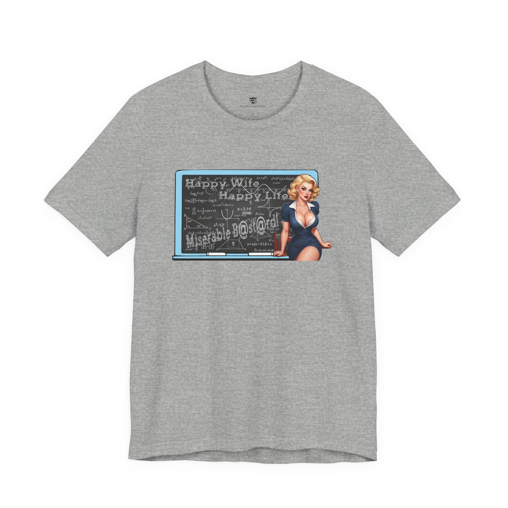 Gray t-shirt with a graphic of a woman in a blue dress and text on a white background