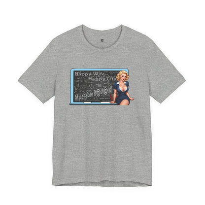 Gray t-shirt with a graphic of a woman in a blue dress and text on a white background