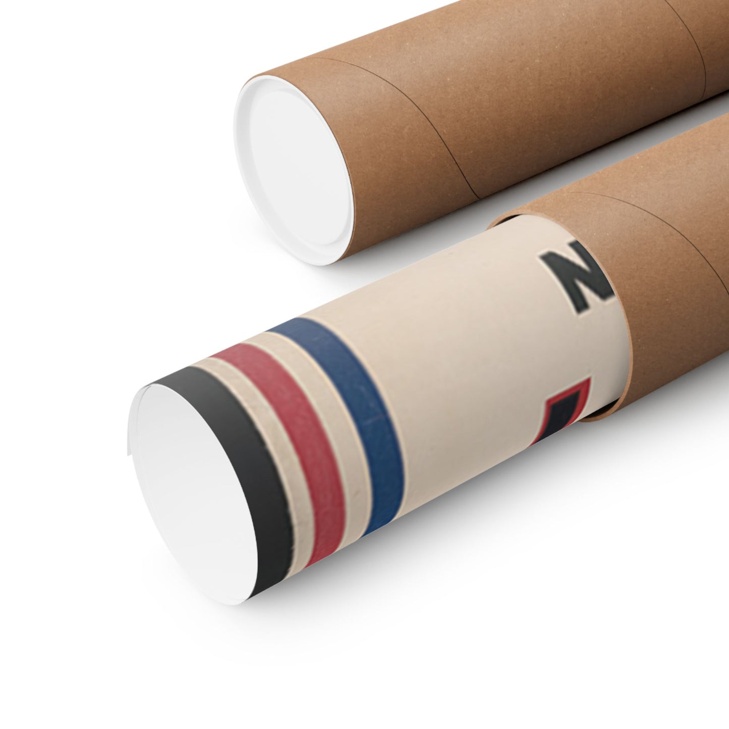 Two cardboard tubes with decorative banding on a white background