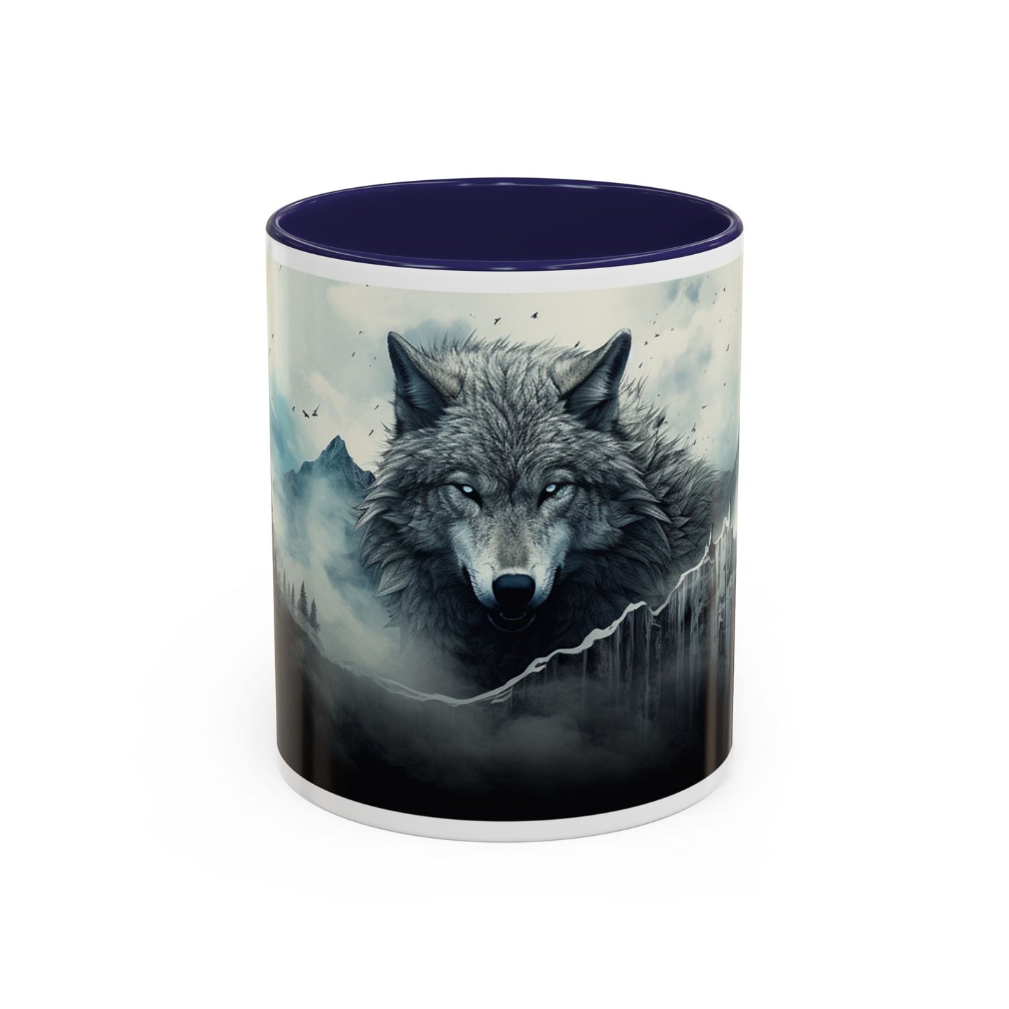 Mug with a wolf design on a white background