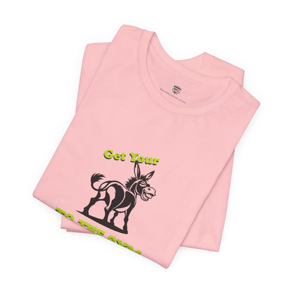 Pink t-shirt with a donkey graphic and text on a white background