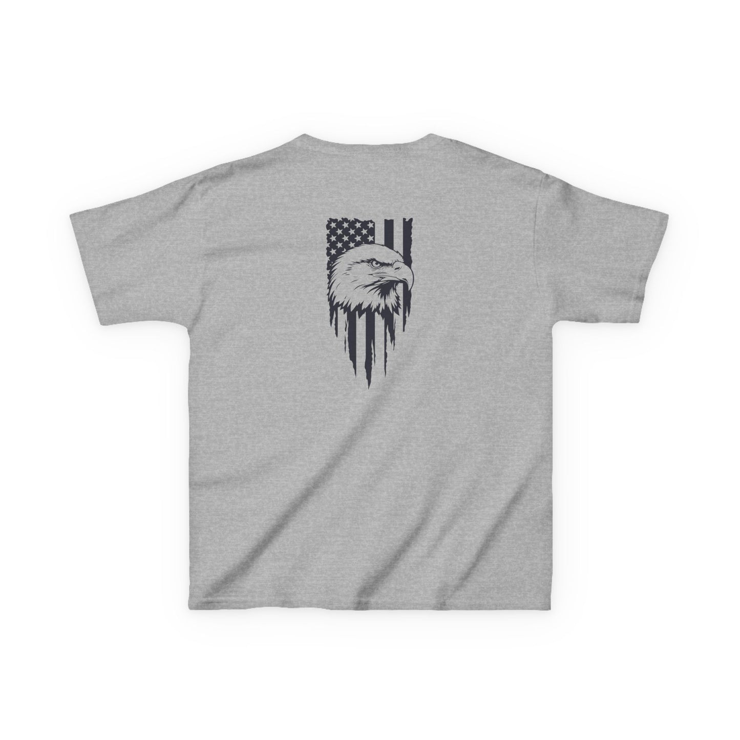 Gray t-shirt with black eagle and flag design on a white background