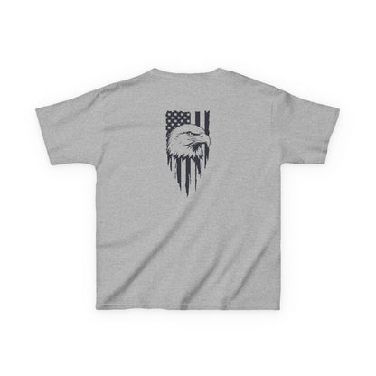 Gray t-shirt with black eagle and flag design on a white background