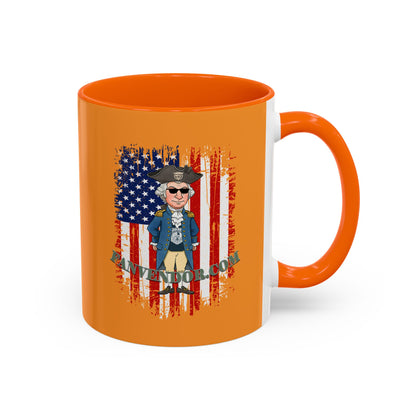 Orange mug with a graphic of a historical figure in front of an American flag on a white background.