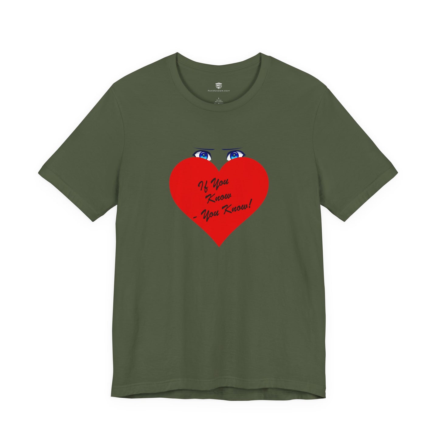 Green t-shirt with red and white text on a white background
