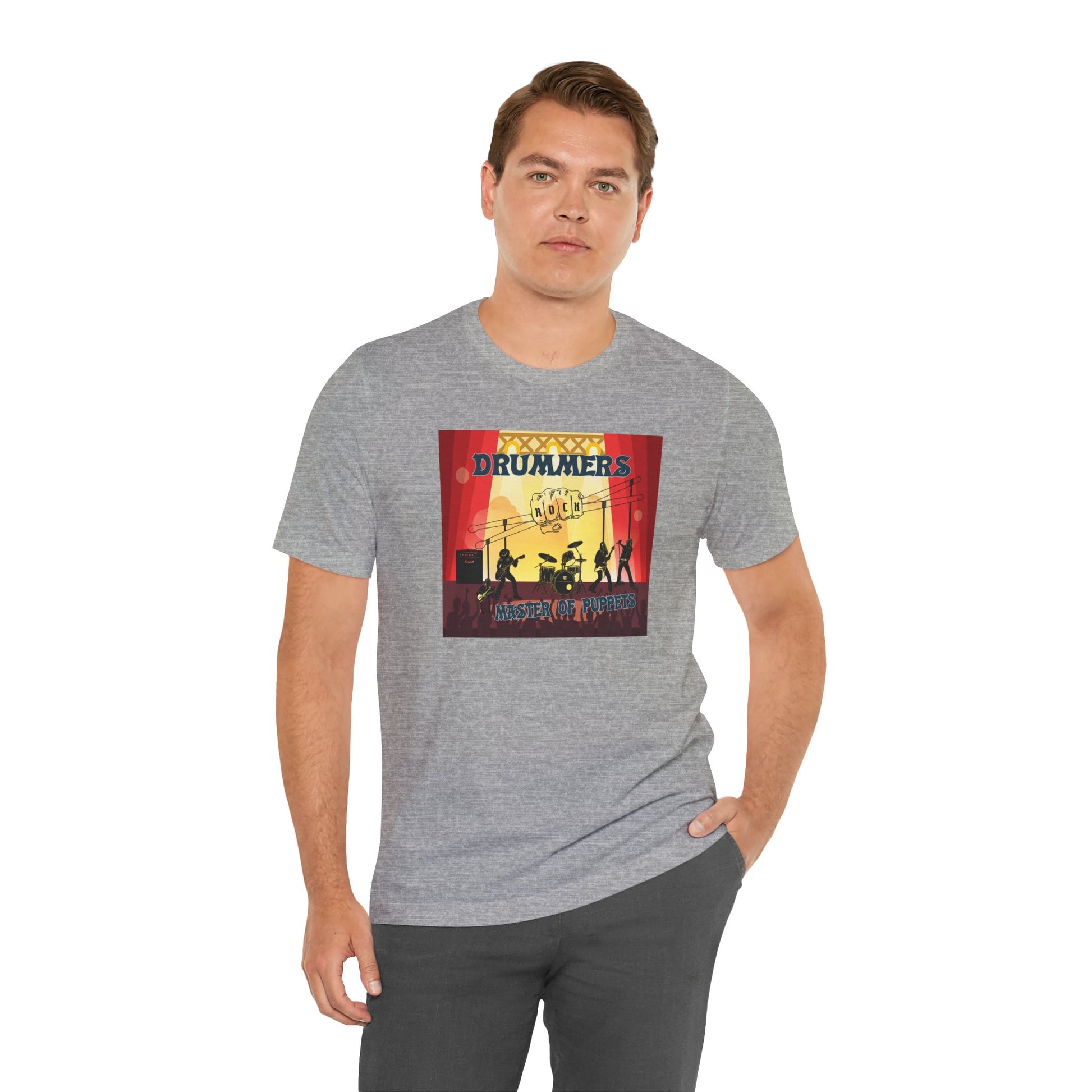 Man wearing a gray t-shirt with a graphic design on a white background