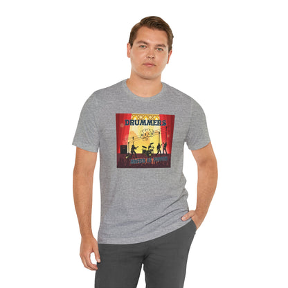 Man wearing a gray t-shirt with a graphic design on a white background