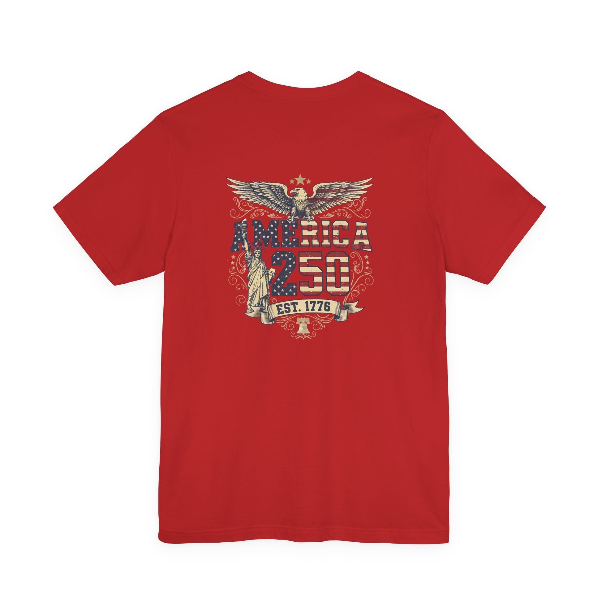Red t-shirt with American-themed design on a white background