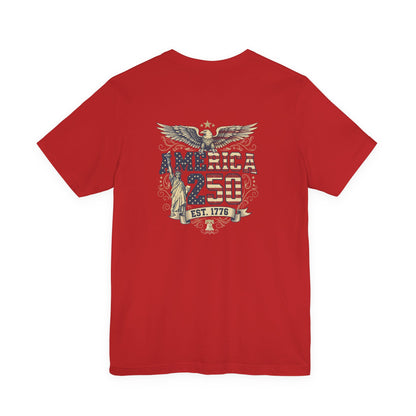 Red t-shirt with American-themed design on a white background