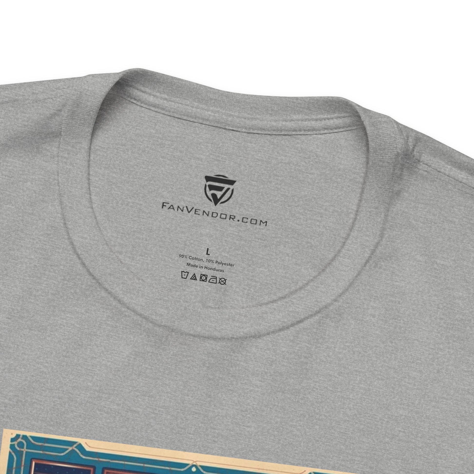 Gray t-shirt with 'Fanvendor.com' logo and text on the collar