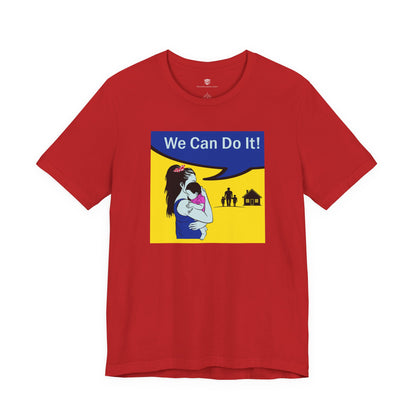 Red t-shirt with graphic design featuring a woman hugging a child and 'We Can Do It!' text on a white background