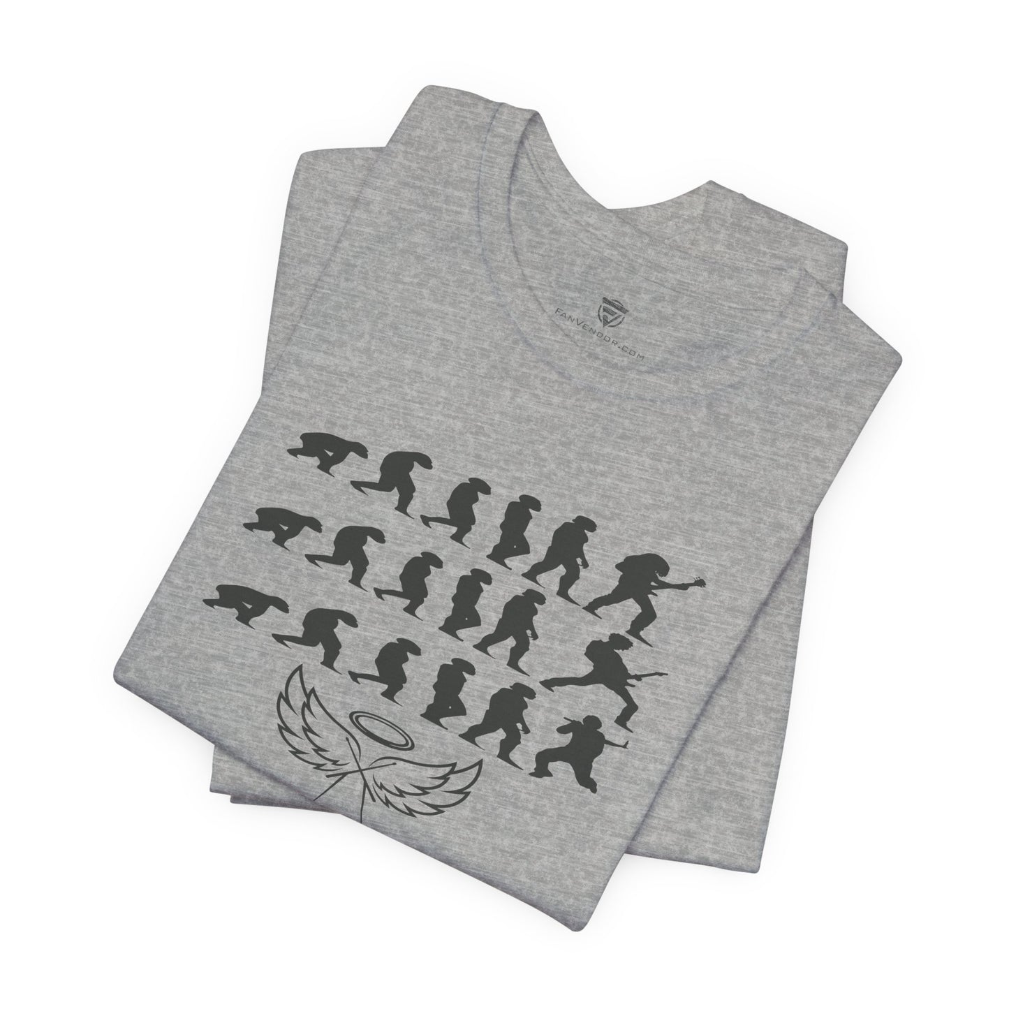 Gray t-shirt with black graphic design on a white background