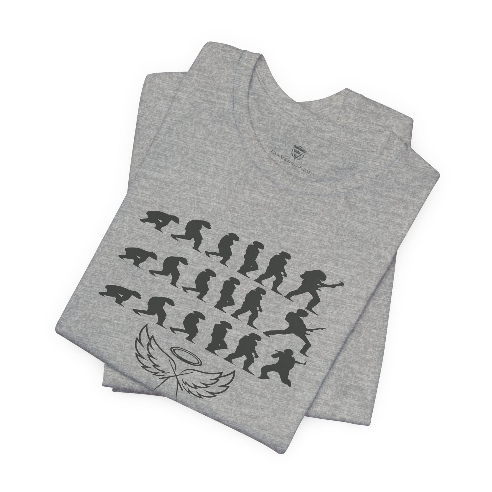 Gray t-shirt with black graphic design on a white background