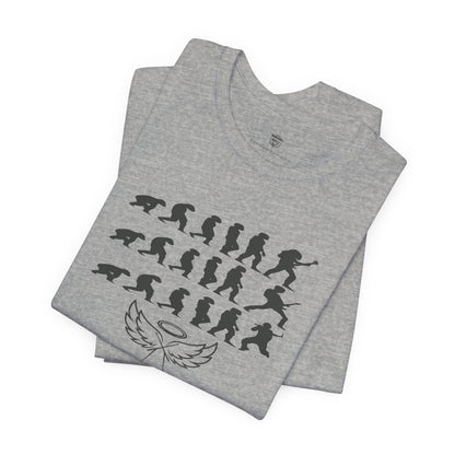 Gray t-shirt with black graphic design on a white background