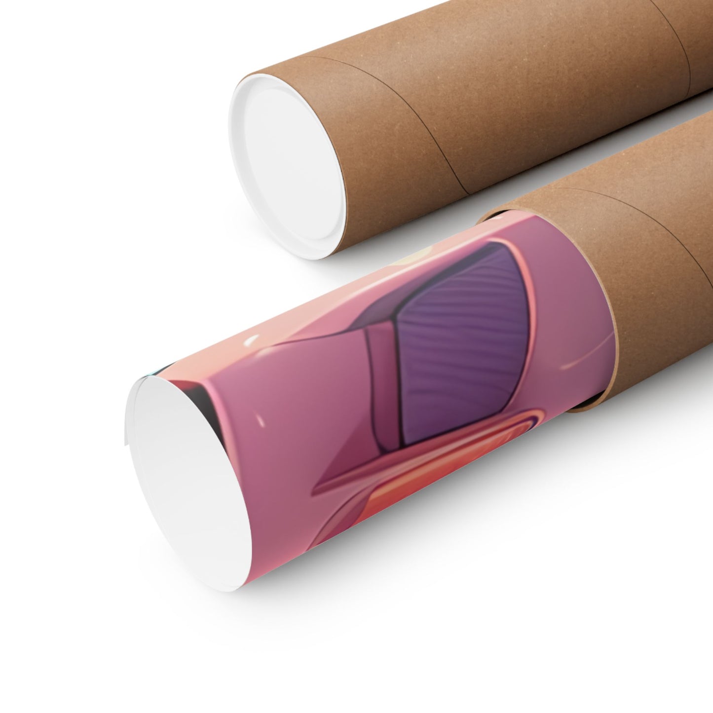 Cardboard tube with a pink and purple object inside on a white background