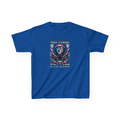 Blue t-shirt with a graphic design on a white background