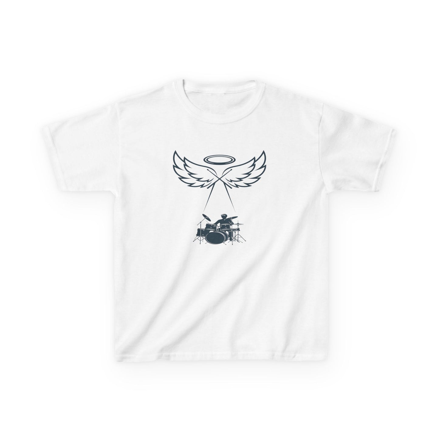 White t-shirt with black graphic design on a white background