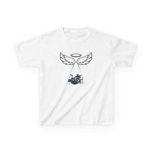 White t-shirt with black graphic design on a white background