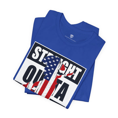 Blue t-shirt with 'Straight Outta' graphic design on a white background